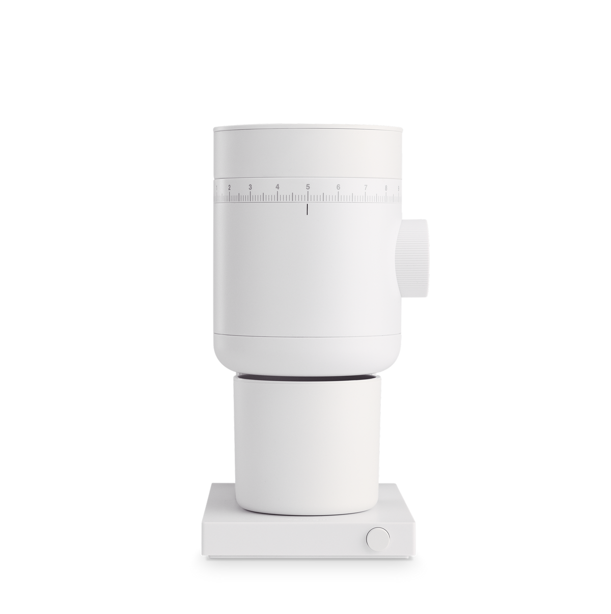 Fellow Opus 2 Conical Burr Grinder in matte white, with measurement markings on the base.