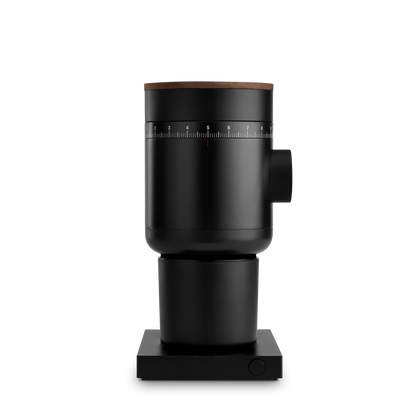 The Fellow Opus 2 grinder in Woodland + Walnut features a numbered dial and square base.
