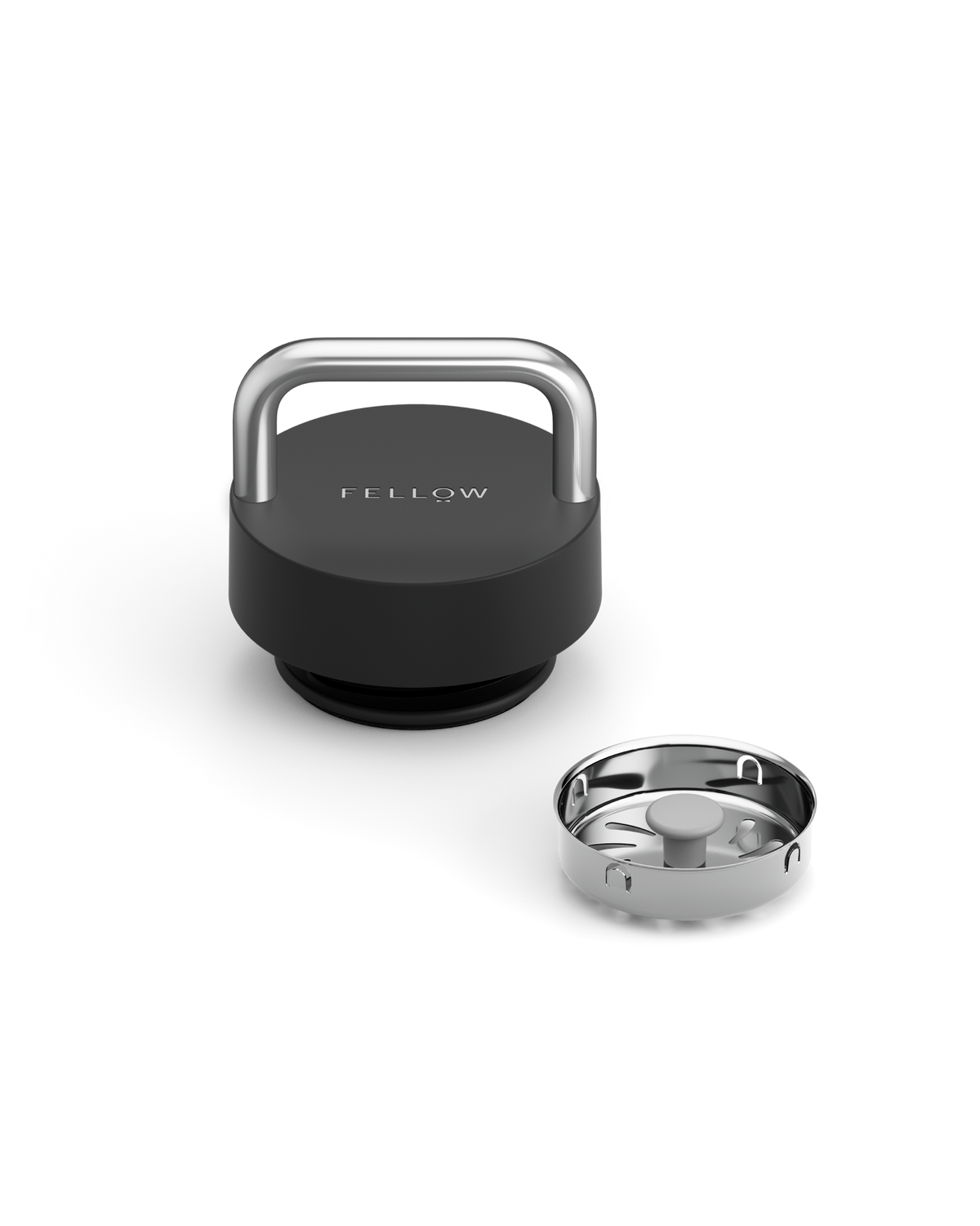 Fellow The Carry Lid in black and silver with detachable metal filter, on white background.