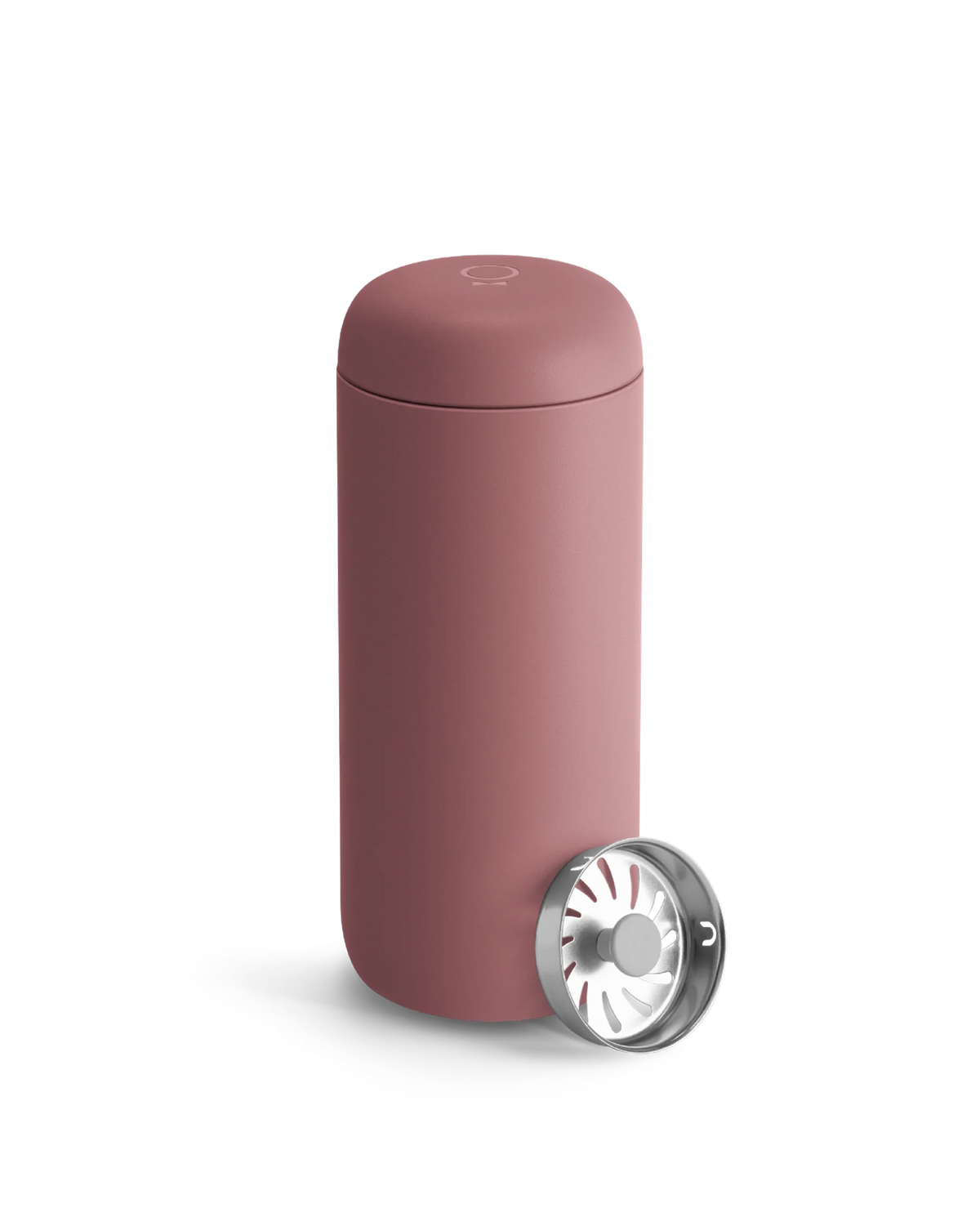 Fellow Carter Move Mug—matte pink with metal strainer, ideal travel mug on white background.