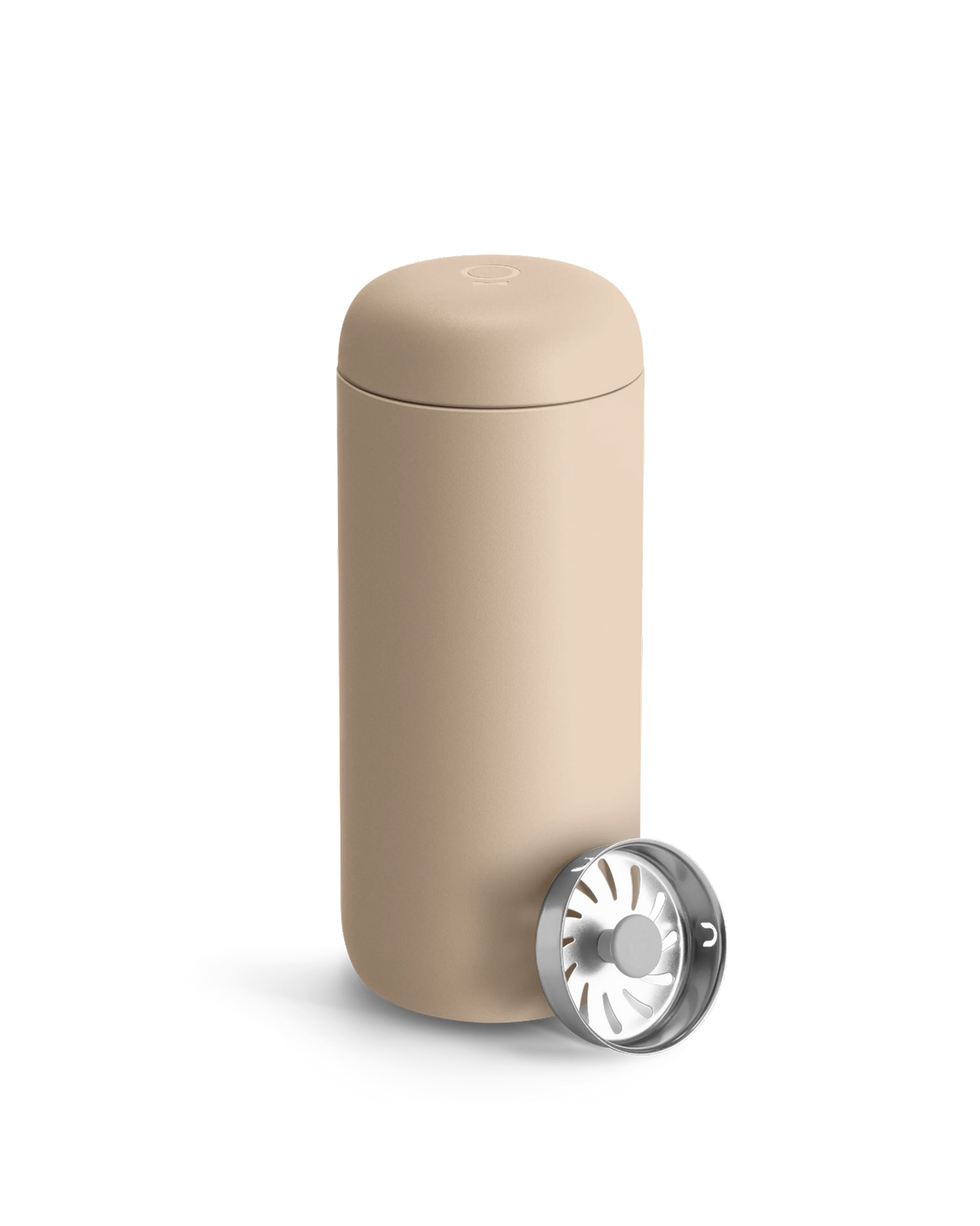 Beige Fellow Carter Move Mug with removable metal strainer on a white background.