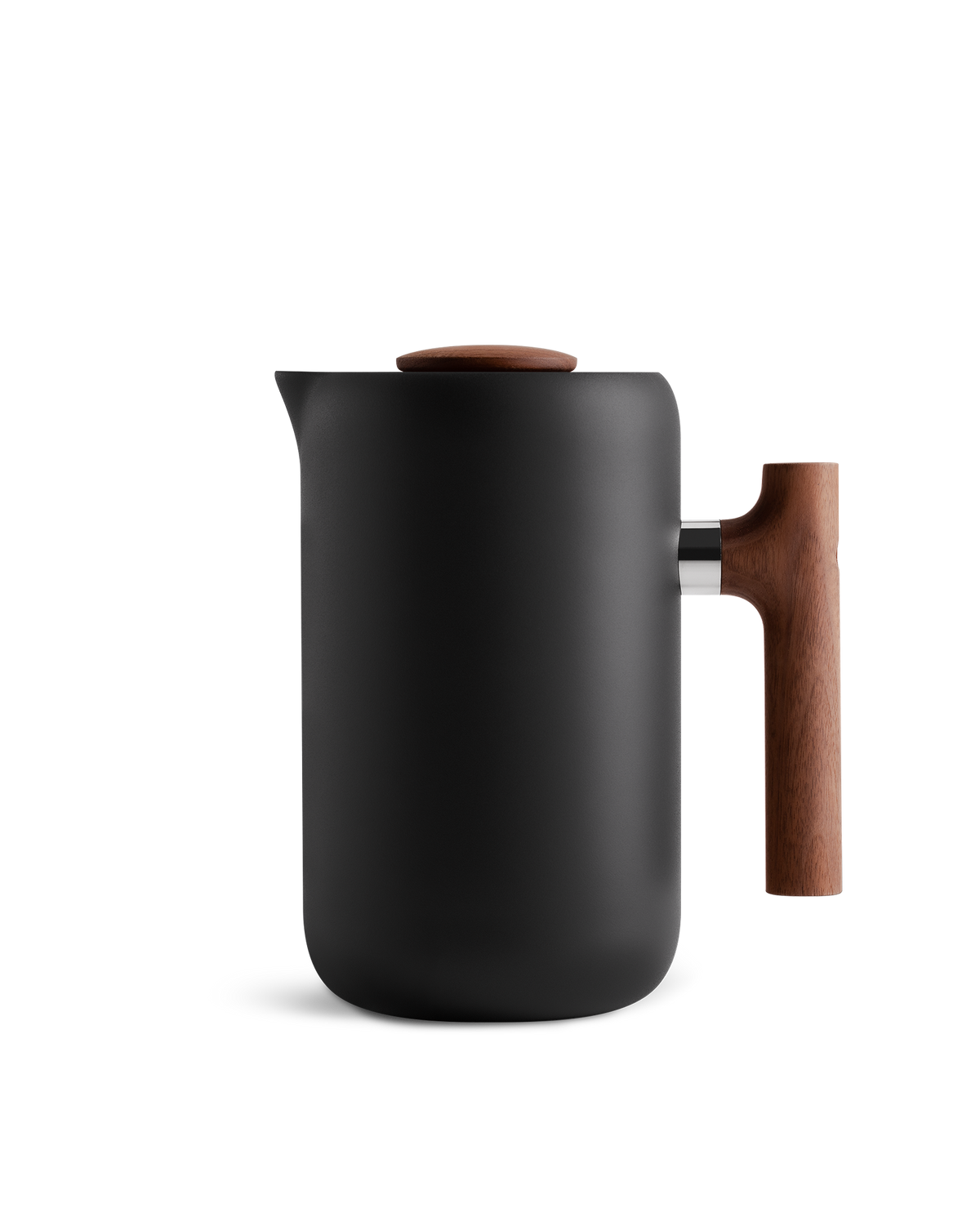 Fellow Clara French Press, matte black with mesh filter and wooden handle on white background.