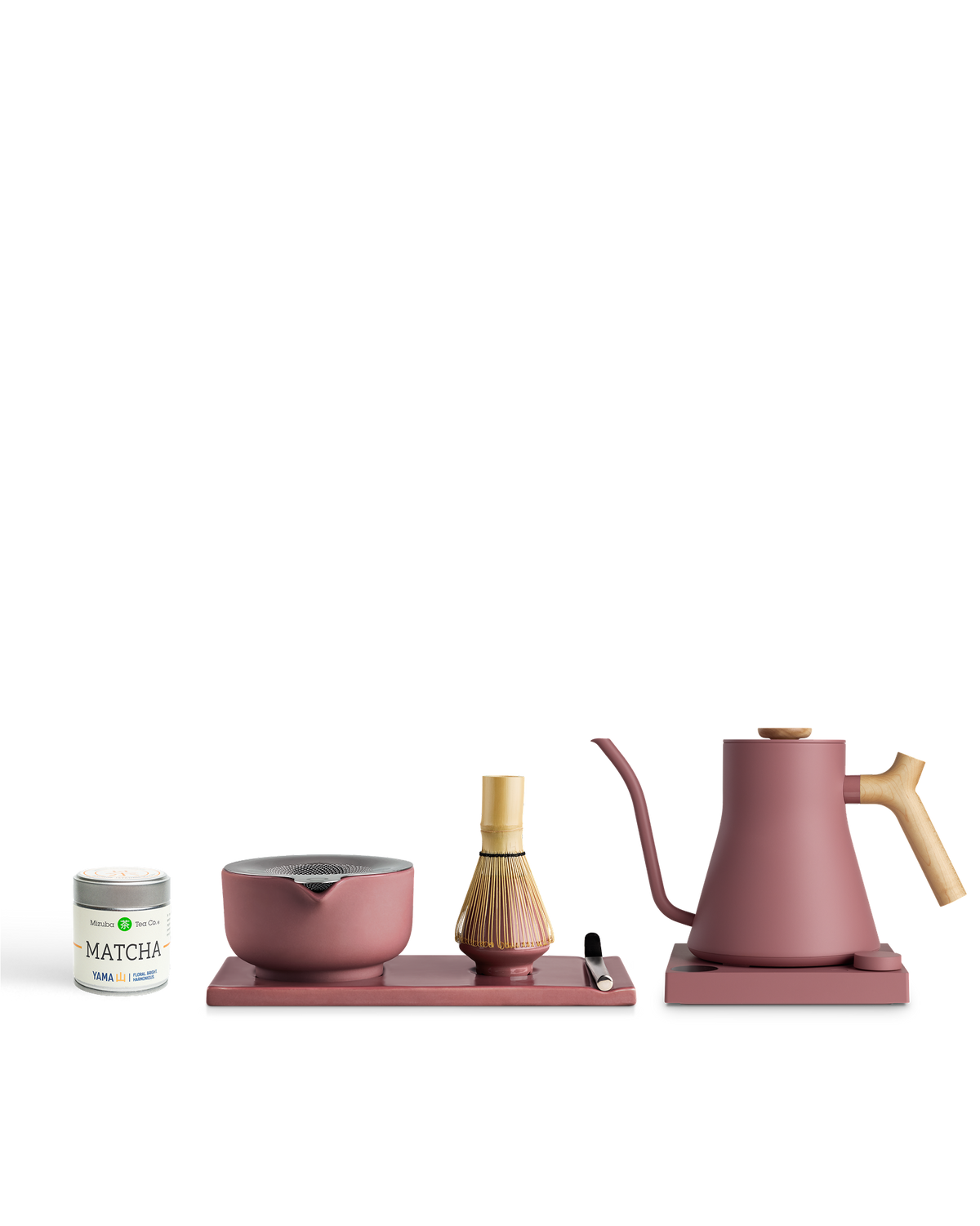 Fellow The Kettle + Matcha Kit: pink bowl, whisk, spoon, matcha tin, tray & electric kettle.