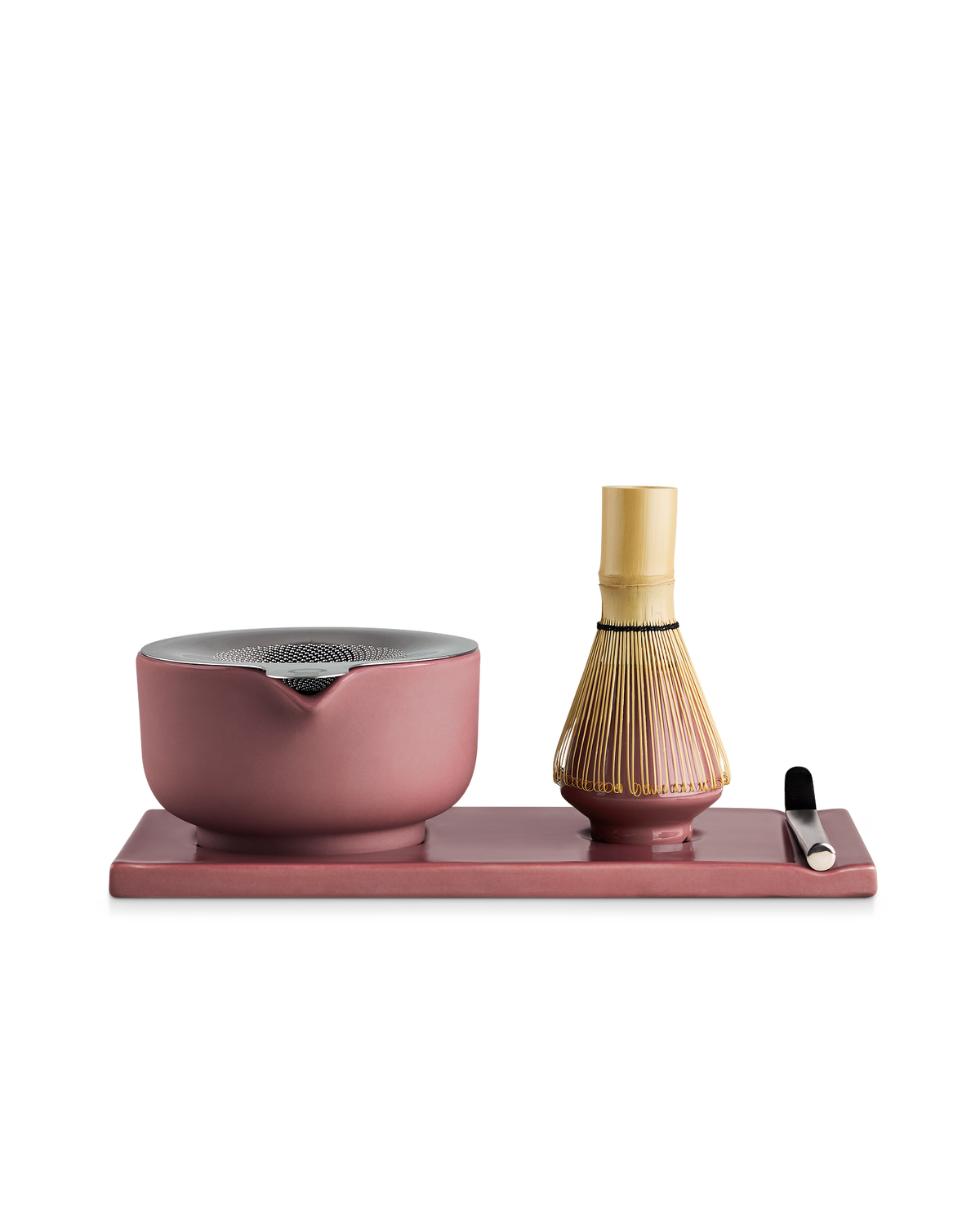 Fellow Matcha Set in Desert Rose with bamboo whisk and handmade bowl on white background.