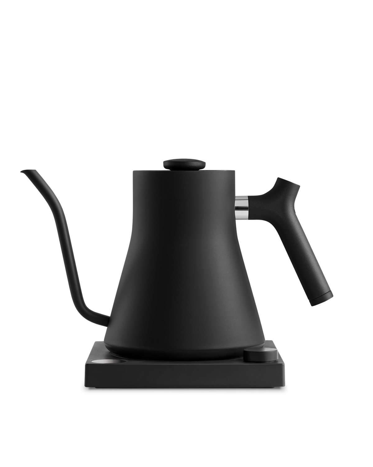 Fellow Rebrew Stagg EKG electric kettle in matte black with gooseneck spout on square base.