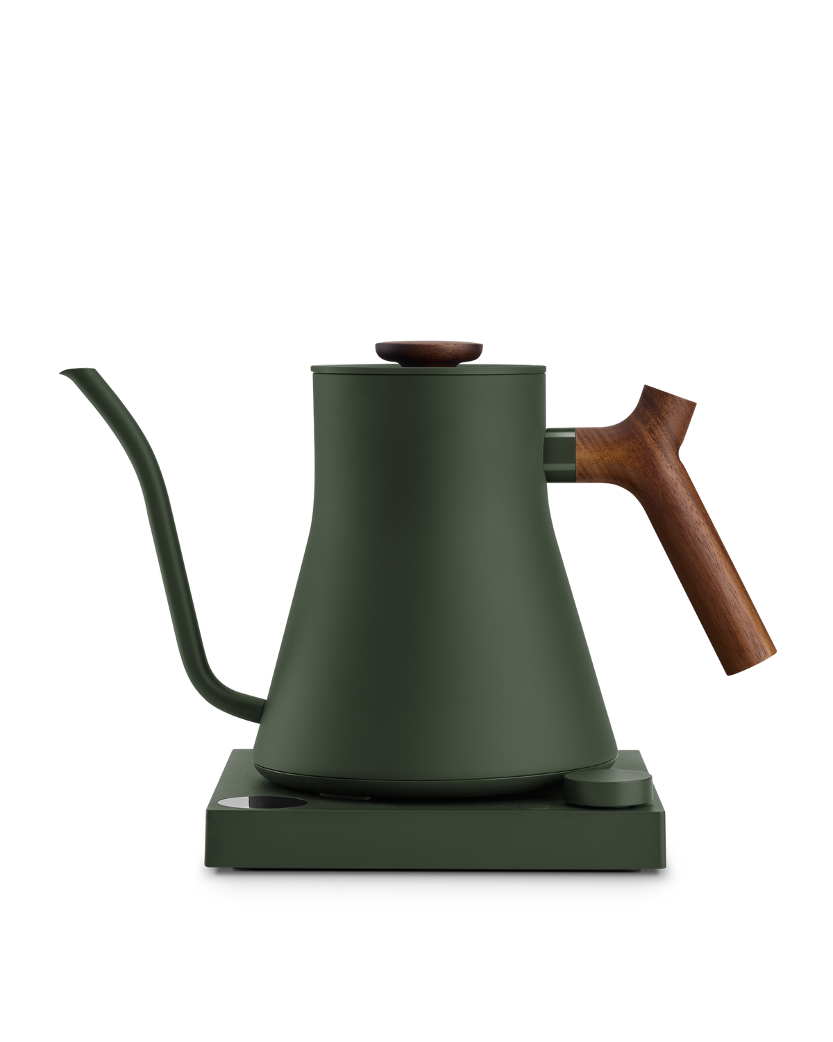 Fellow Stagg EKG matte green electric kettle with wood handle, gooseneck spout, and base.